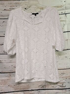 Adrienne Vittadini White Lace Crochet Blouse Puff Sleeve Tie Neck Top Women's L
